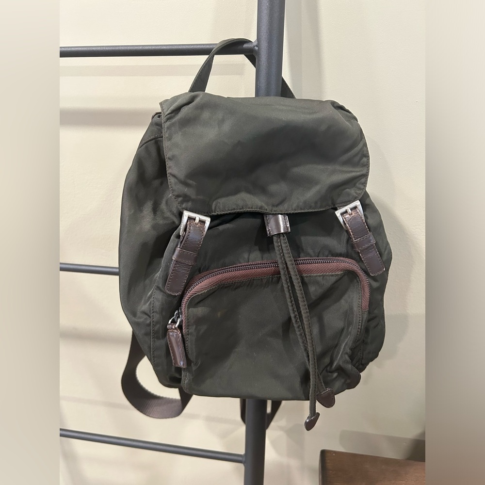 Prada Vela Nylon and leather Backpack dark olive green